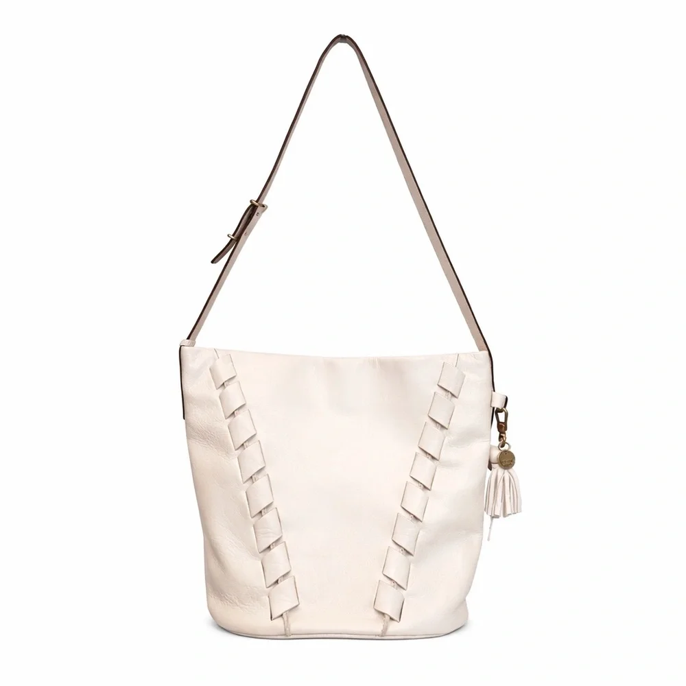The Sak Cream Leather Bucket Bag Tassel Shoulder Bag Boho Minimalist - Picture 7 of 13